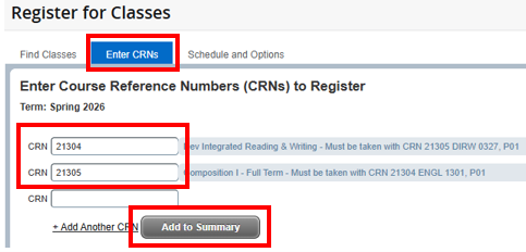 Enter CRNs tab showing fields for entering the course registration numbers